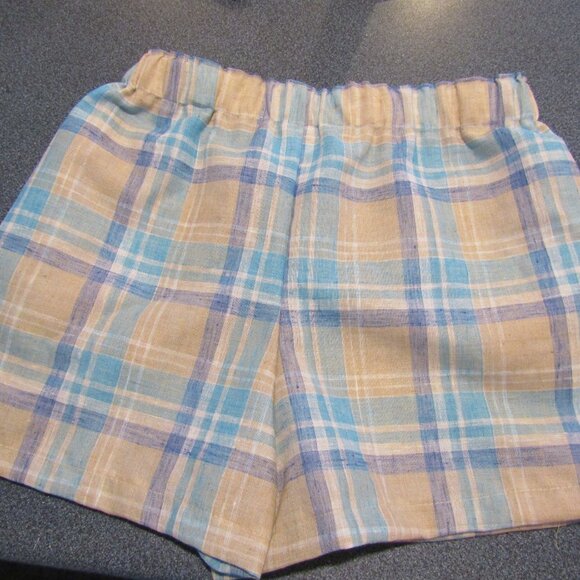Sierra's Attic Tartan Plaid Linen Look blue tan  women's pajama casual shorts - Picture 3 of 5